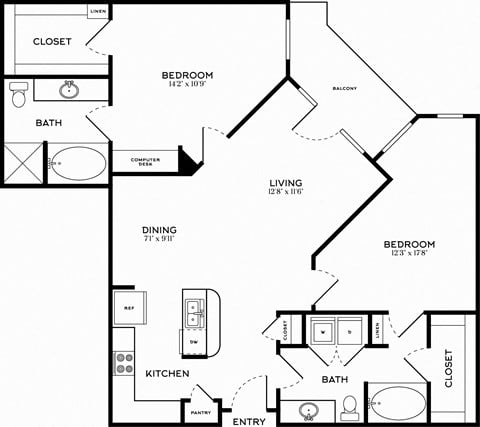Floor plan for 2 beds, 2 baths, 1176 sqft